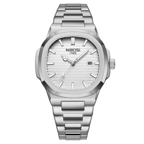 NIBOSI 1985 silver sports-luxe watch with integrated steel bracelet and clean white dial