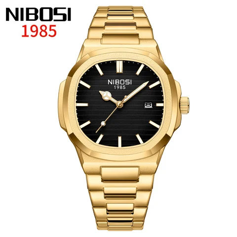 NIBOSI 1985 gold and black two-tone watch with black sunburst dial and gold integrated bracelet
