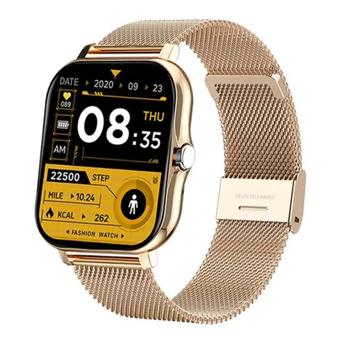 Gold smart watch with mesh bracelet and fitness tracking display — TIMAUNLIMITED.CO