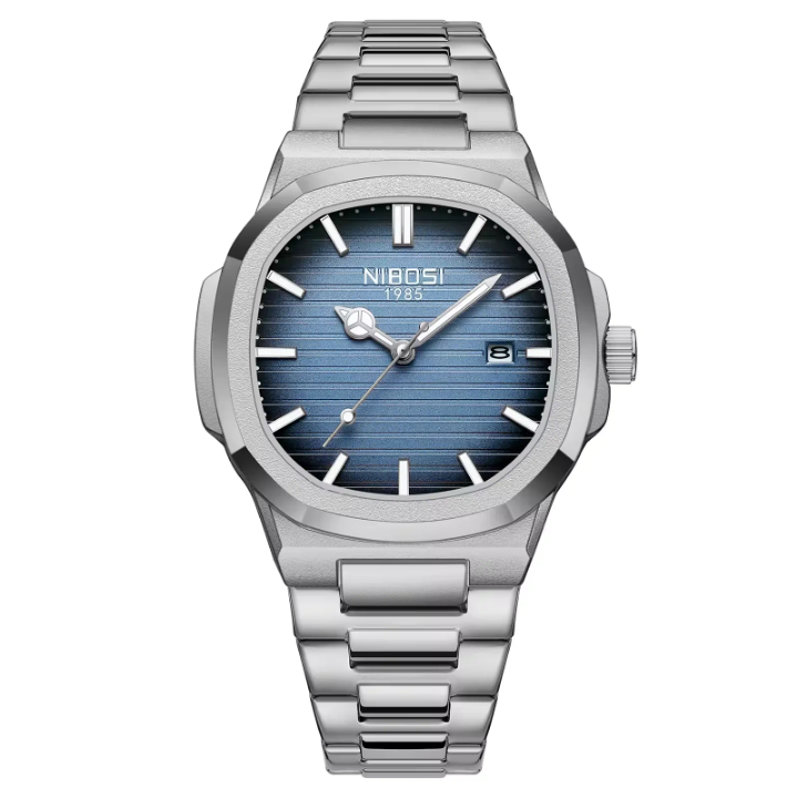 NIBOSI 1985 Blue Dial stainless steel watch with horizontal stripe dial