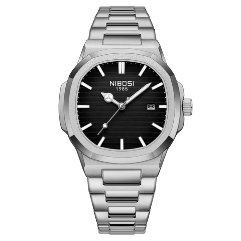 NIBOSI 1985 Black Dial stainless steel watch with horizontal stripe dial