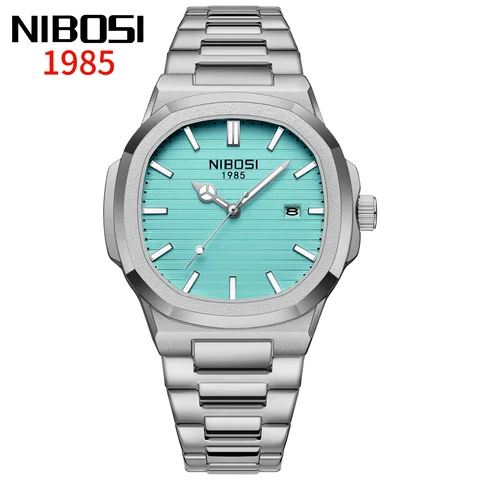 NIBOSI 1985 Teal Dial stainless steel watch with horizontal stripe dial
