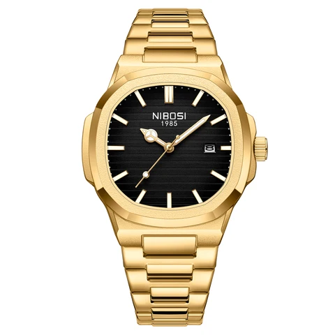 NIBOSI 1985 Gold Black Dial full gold-tone stainless steel watch