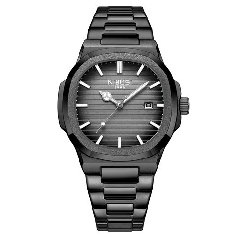 NIBOSI 1985 Watch Full Black – front view showing charcoal dial and black stainless steel bracelet