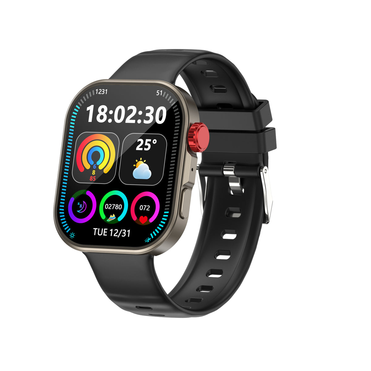 Black Rectangular Watch with Red Crown | TIMAUNLIMITED.CO